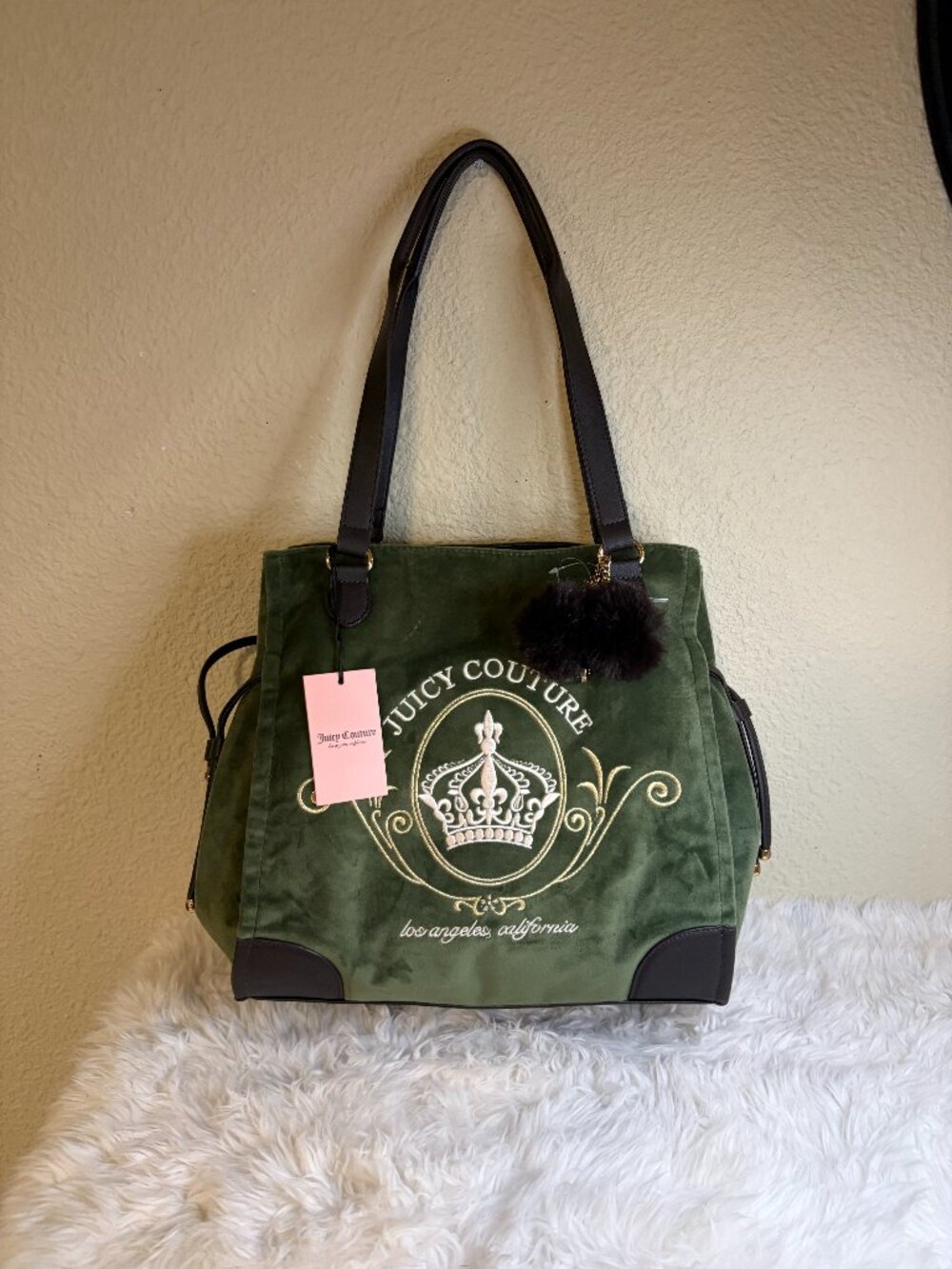 Juicy Couture Magnifique Tote Supergreens Velour Crown Pom Pom Bag NWT